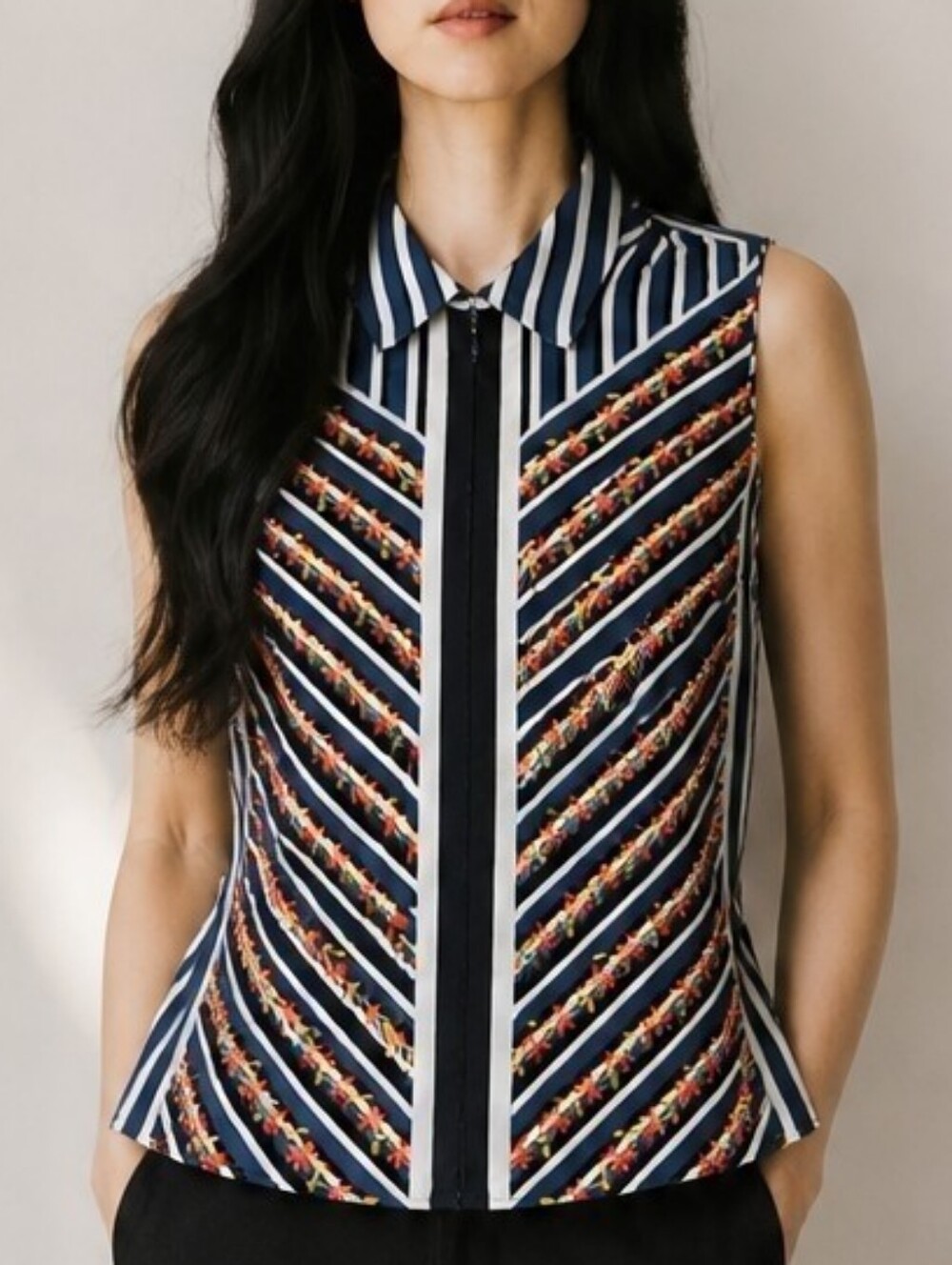 Cabi Chevron Top Navy Stripe Floral Zip Peplum Sleeveless Blouse